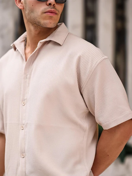 Oversize Rahat Fitilli Kısa Kol Erkek Gömlek - Bej - 4