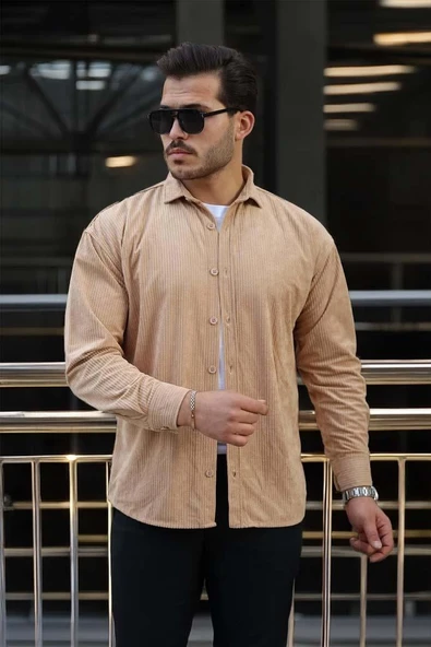 Fitilli Erkek Kadife Gömlek - Bej - Resim 2