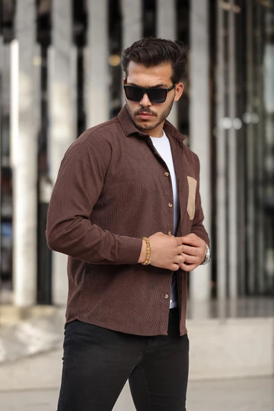 Cep Detaylı Fitilli Kadife Gömlek - Koyu Kahve - Resim 4