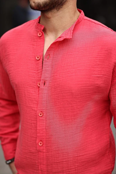 Hafif ve Nefes Alabilir Erkek Müslin Yarım Pat Hakim Yaka Oversize Gömlek - Kırmızı - 2