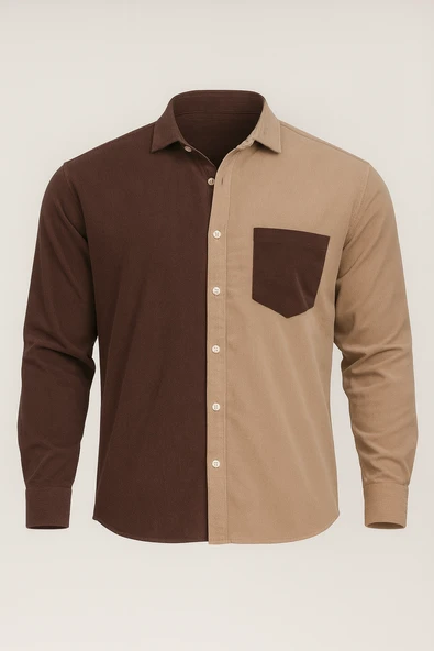 Kontrast Çift Renk Fitilli Kadife Gömlek - Kahve