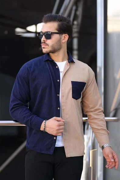 Kontrast Çift Renk Fitilli Kadife Gömlek - Koyu Lacivert - Resim 2