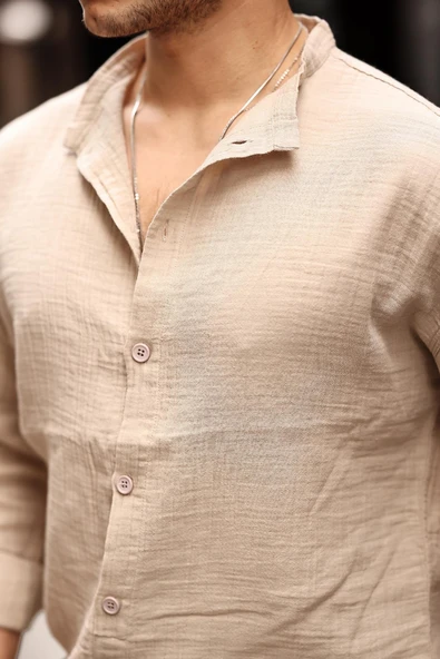 Hafif ve Nefes Alabilir Erkek Müslin Yarım Pat Hakim Yaka Oversize Gömlek- Açık Bej - 2
