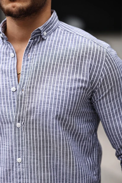 Nefes Alabilir Zarif Günlük Carina Çizgili Pamuklu Erkek Gömlek - Lacivert - Resim 2