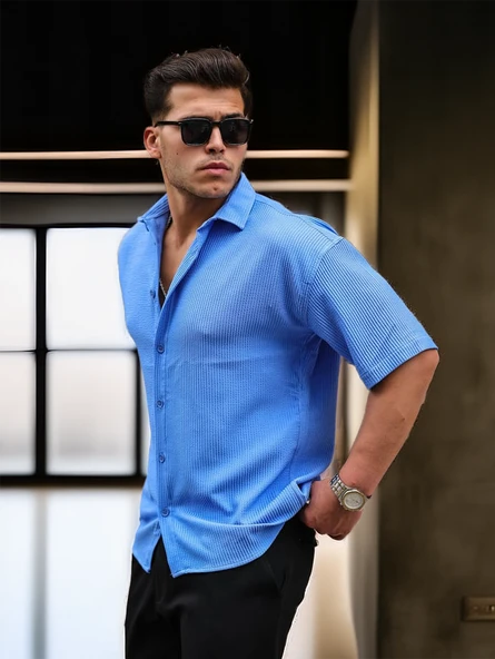 Oversize Rahat Fitilli Kısa Kol Erkek Gömlek- Mavi