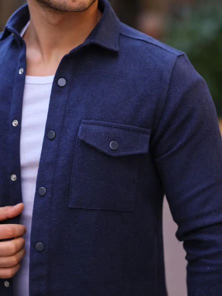 Çift Cep Kapaklı Kaşe Gömlek - Lacivert - 3