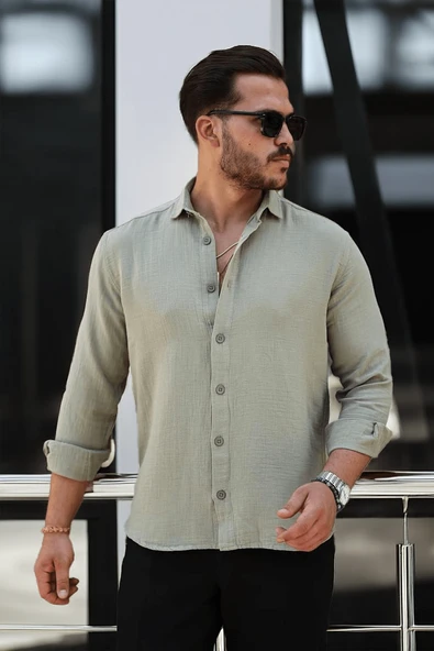 Nefes Alabilir Yarım Oversize Müslin Kumaş Uzun Kol Yakalı Erkek Gömlek - Açık Haki