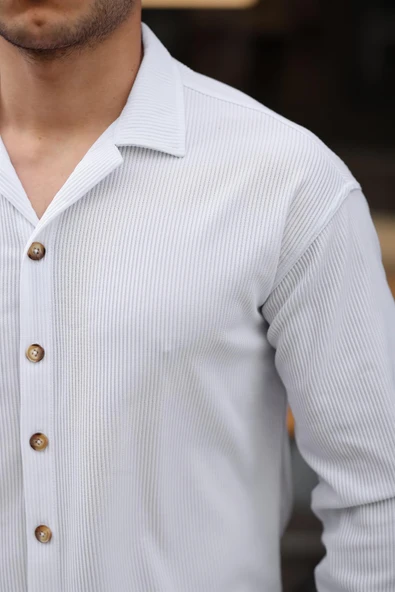 Fitilli Bowling Yaka Uzun Kollu Gömlek - Beyaz - 3