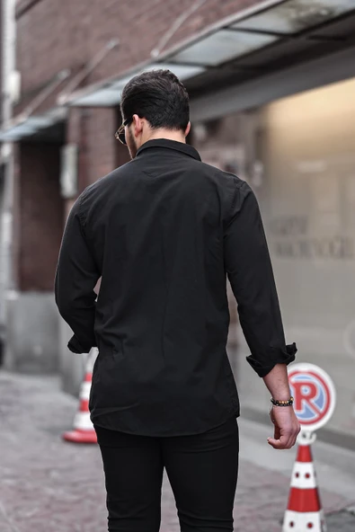 Flam Keten Tek Cepli Gömlek - Siyah - Resim 4