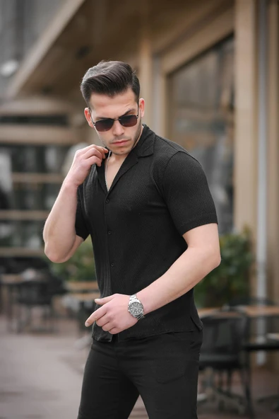 Premium Desenli Kısa Kol Gömlek - Siyah - Resim 3