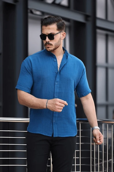 Hakim Yaka Müslin Kumaş Kısa Kol Gömlek - İndigo - Resim 3