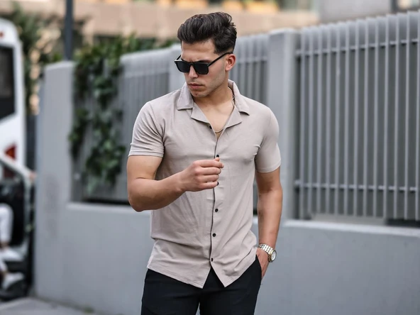 Premium Dokulu Kısa Kol Fit Gömlek -  Bej - 5