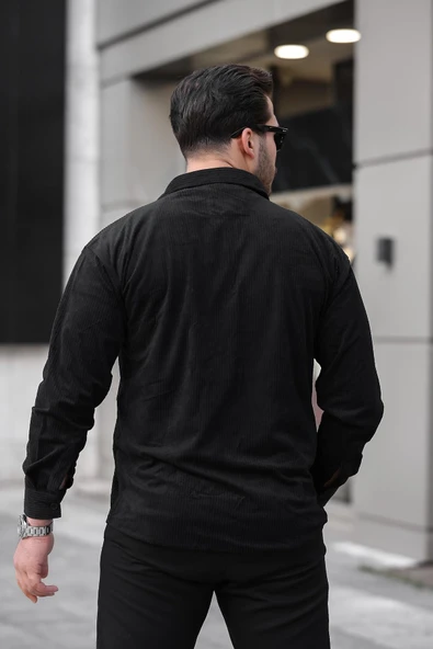 Çift Cepli Dolgu Fitilli Erkek Kadife Gömlek - Siyah - 4