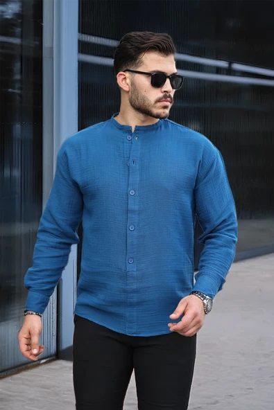 Hafif ve Nefes Alabilir Erkek Müslin Yarım Pat Hakim Yaka Oversize Gömlek -İndigo - 4
