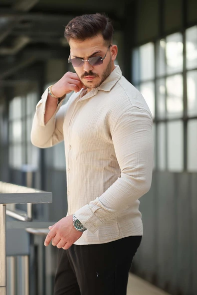 Apaş Yaka Oversize Müslin Kumaş Gömlek - Bej - 5