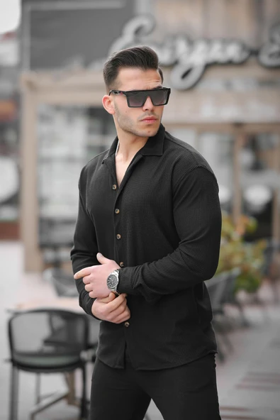 Fitilli Bowling Yaka Uzun Kollu Gömlek - Siyah