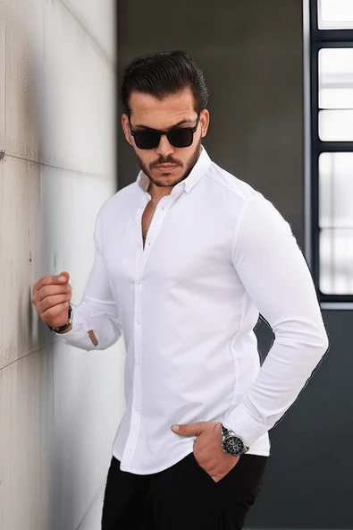 Likralı Regular Fit Nefes Alabilir Klasik Erkek Oxford Gömlek - Beyaz - 4