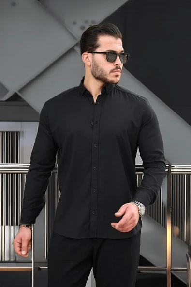 Likralı Regular Fit Nefes Alabilir Klasik Erkek Oxford Gömlek - Siyah - 3