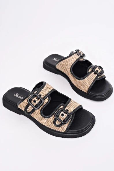 Muggo SARLE Çift Bantlı Ayarlanabilir Kemerli Kadın Günlük Hasır Terlik - 6