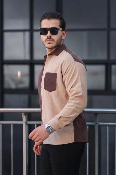 Kontrast Çift Renk Fitilli Kadife Gömlek - Kahve - 5