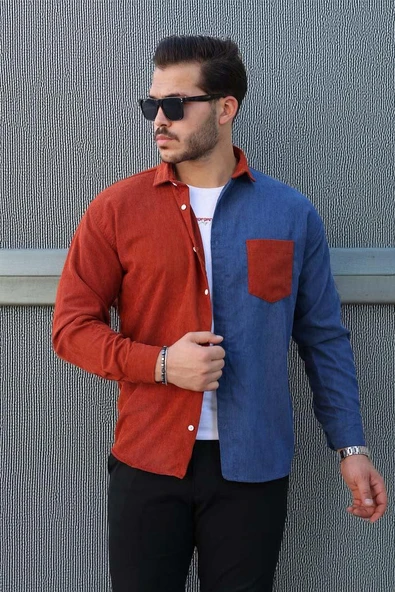 Kontrast Çift Renk Fitilli Kadife Gömlek - Açık Kiremit - Resim 3