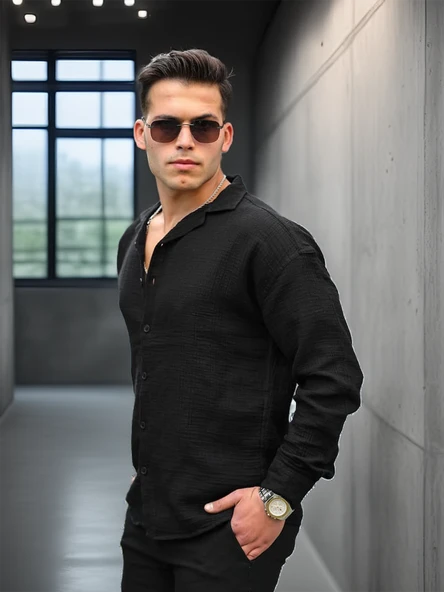 Apaş Yaka Oversize Müslin Kumaş Gömlek - Siyah