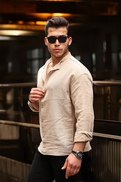 Hafif ve Nefes Alabilir Erkek Müslin Yarım Pat Hakim Yaka Oversize Gömlek- Açık Bej - 3