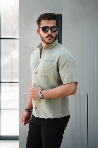 Müslin Kumaş Tek Cepli Gömlek- Açık Haki - 4