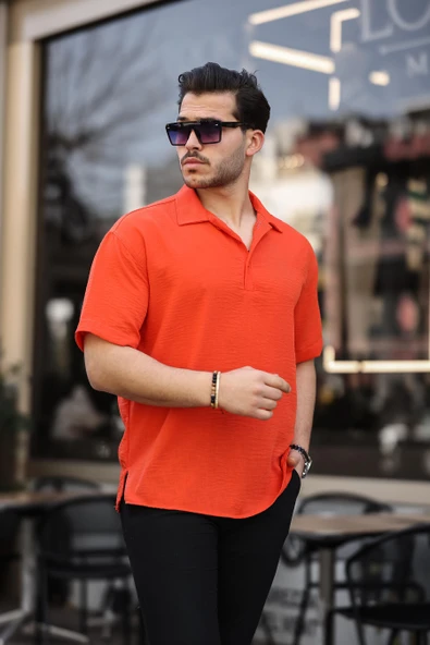 Polo Yaka Oversize Yarım Pat  Bambu Kısa Kol Gömlek - Turuncu - 2