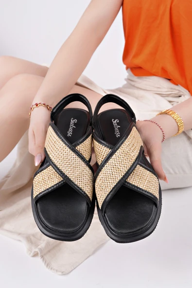 Muggo ELİSHA Lastikli Kadın Günlük Hasır Sandalet - 5