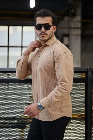 Fitilli Erkek Kadife Gömlek - Bej - Resim 4