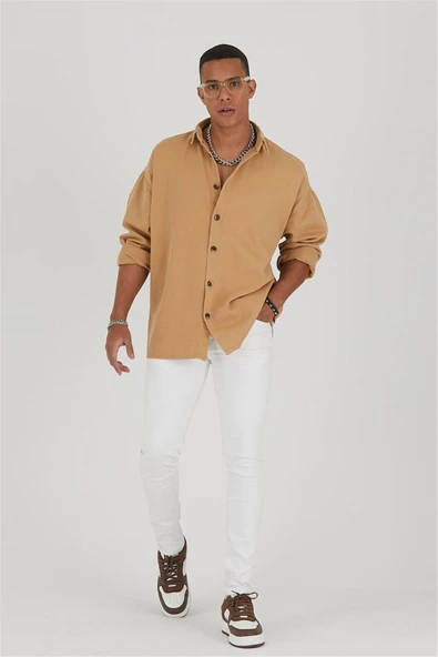 Bej Erkek Gabardin Oversize Gömlek - 3
