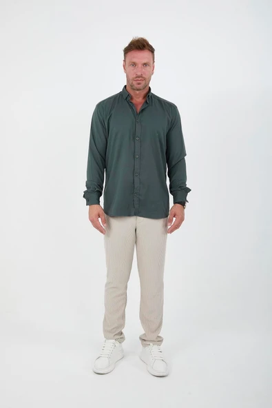 Likralı Regular Fit Nefes Alabilir Klasik Erkek Oxford Gömlek - Çam Yeşili - 4