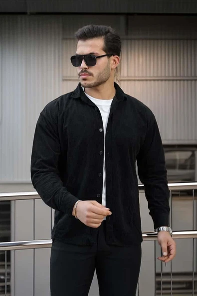 Fitilli Erkek Kadife Gömlek - Siyah - Resim 5