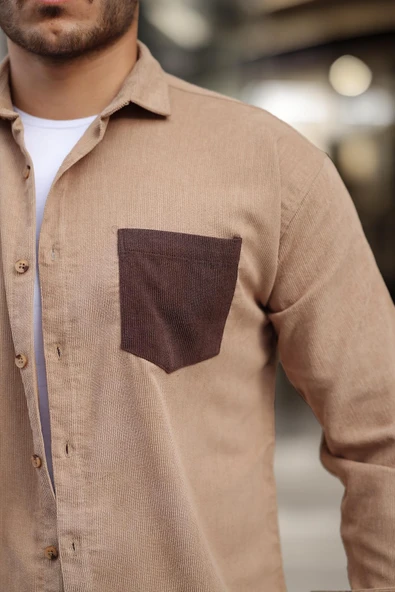 Cep Detaylı Fitilli Kadife Gömlek - Açık Bej - 6