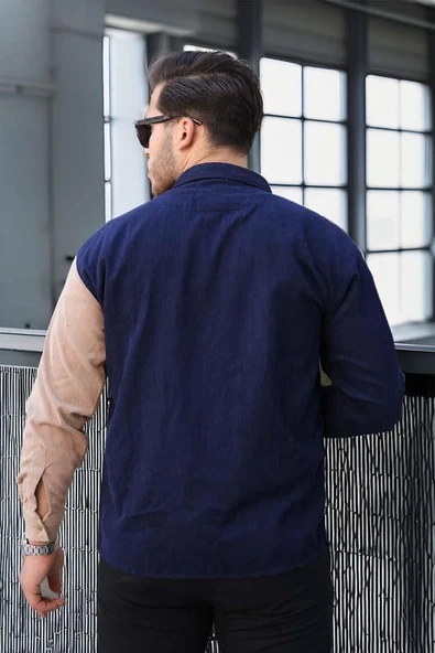 Kontrast Çift Renk Fitilli Kadife Gömlek - Koyu Lacivert - Resim 5