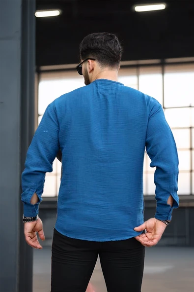Hafif ve Nefes Alabilir Erkek Müslin Yarım Pat Hakim Yaka Oversize Gömlek -İndigo - 5