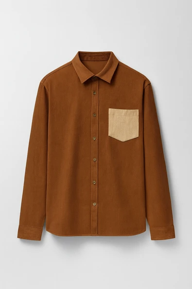 Cep Detaylı Fitilli Kadife Gömlek - Açık Kahve ürün görseli 1