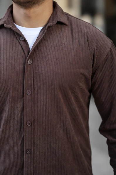 Fitilli Erkek Kadife Gömlek - Kahve - Resim 3