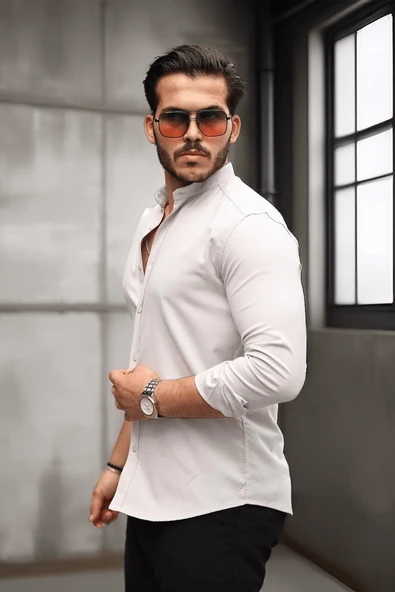 Hakim Yaka Oxford Kumaş Uzun Kol Gömlek - Taş ürün görseli