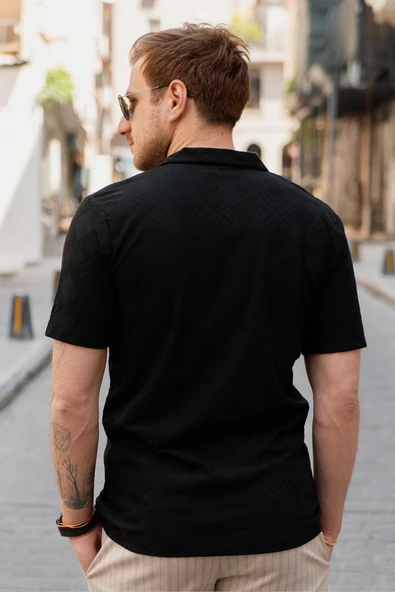 Siyah Erkek Jakarlı Desenli Kısa Kollu Relaxed Gömlek - Resim 5