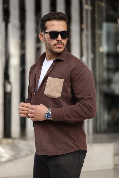 Cep Detaylı Fitilli Kadife Gömlek - Koyu Kahve - Resim 2