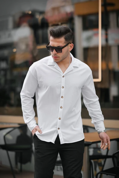 Fitilli Bowling Yaka Uzun Kollu Gömlek - Beyaz