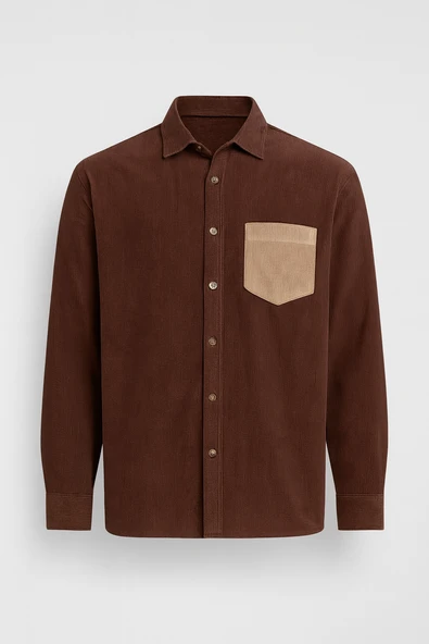 Cep Detaylı Fitilli Kadife Gömlek - Koyu Kahve ürün görseli 1