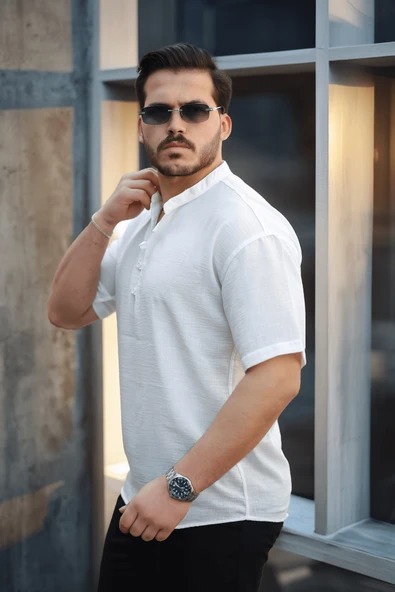 Wes Oversize Yarım Pat Bambu Kısa kol Gömlek - Beyaz - 4