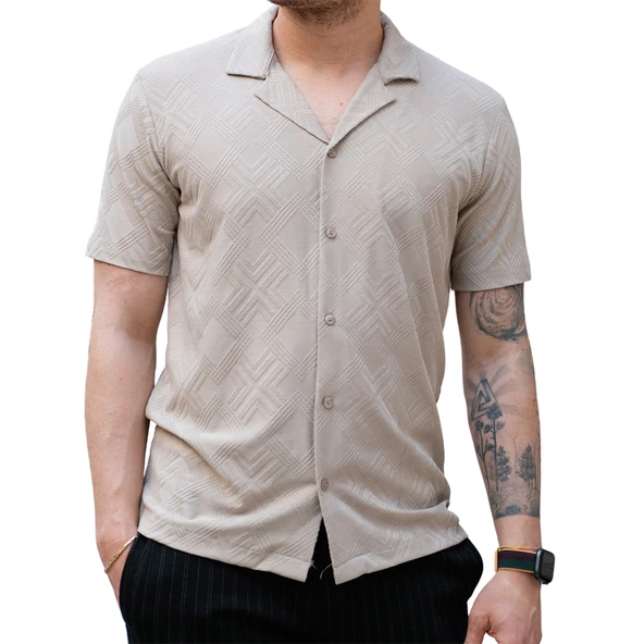 Bej Erkek Jakarlı Desenli Kısa Kollu Relaxed Gömlek - 5