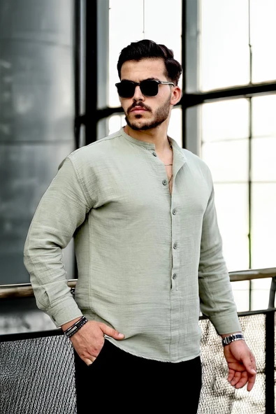 Hafif ve Nefes Alabilir Erkek Müslin Yarım Pat Hakim Yaka Oversize Gömlek - Açık Haki - Resim 2