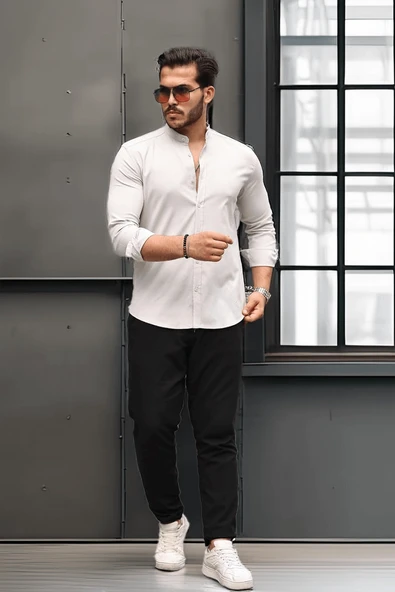 Hakim Yaka Oxford Kumaş Uzun Kol Gömlek - Taş - Resim 3