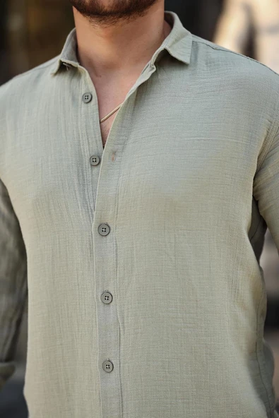 Nefes Alabilir Yarım Oversize Müslin Kumaş Uzun Kol Yakalı Erkek Gömlek - Açık Haki - 2