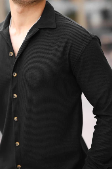 Fitilli Bowling Yaka Uzun Kollu Gömlek - Siyah - 3